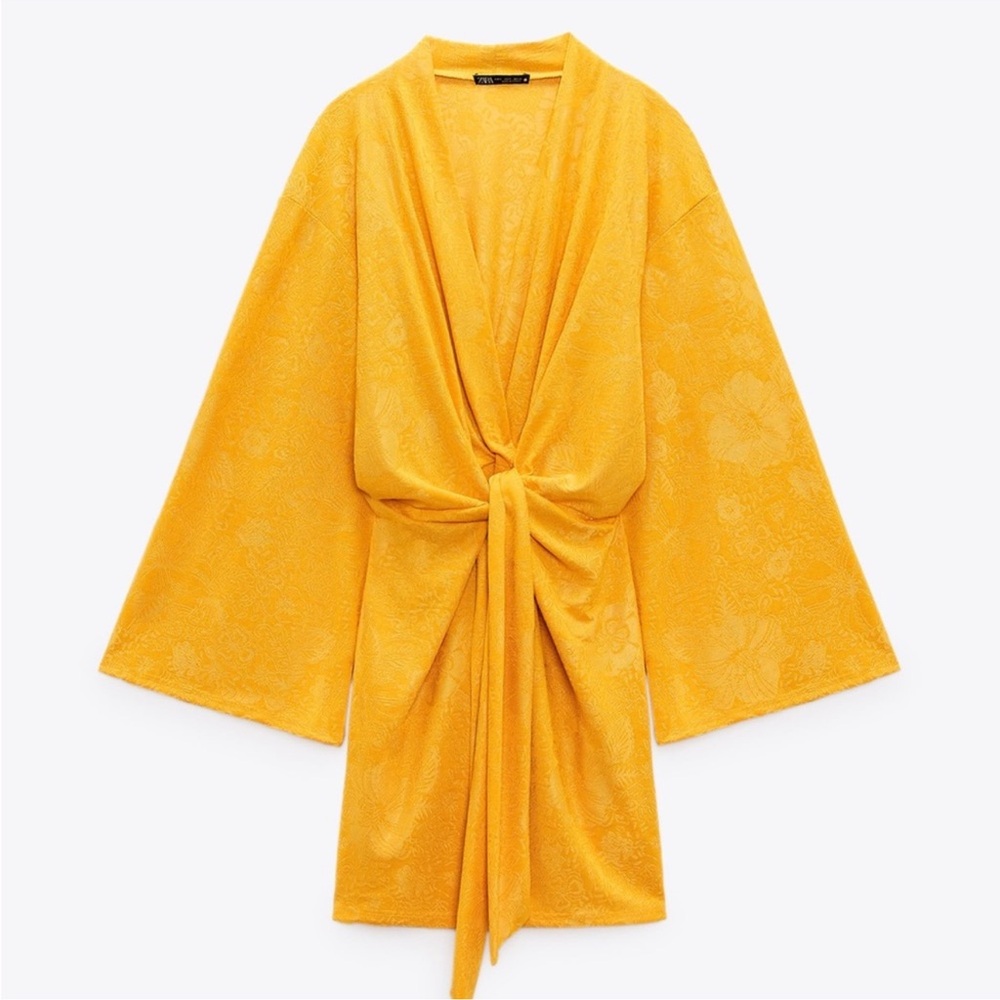 Gorgeous Zara Yellow Long Sleeves Knott tie front dress